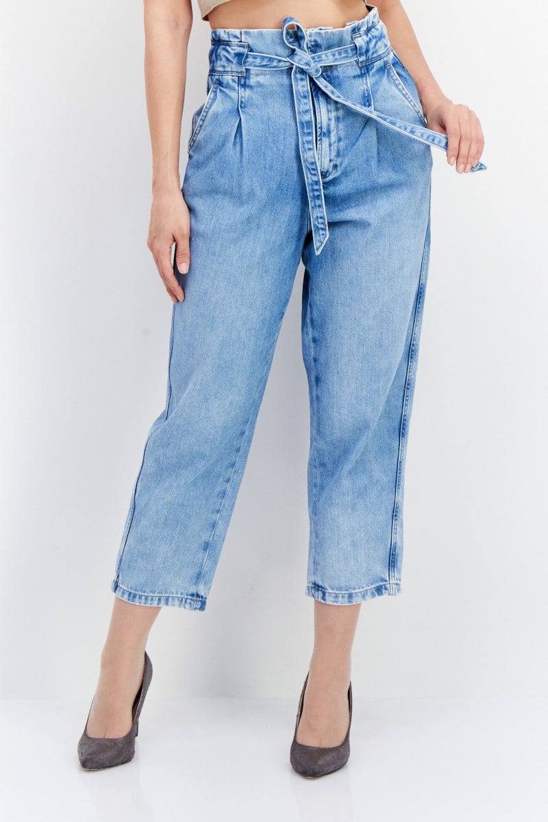 Pepe Jeans Women Regular Fit Belted Washed Denim Jeans, Blue - Image 1