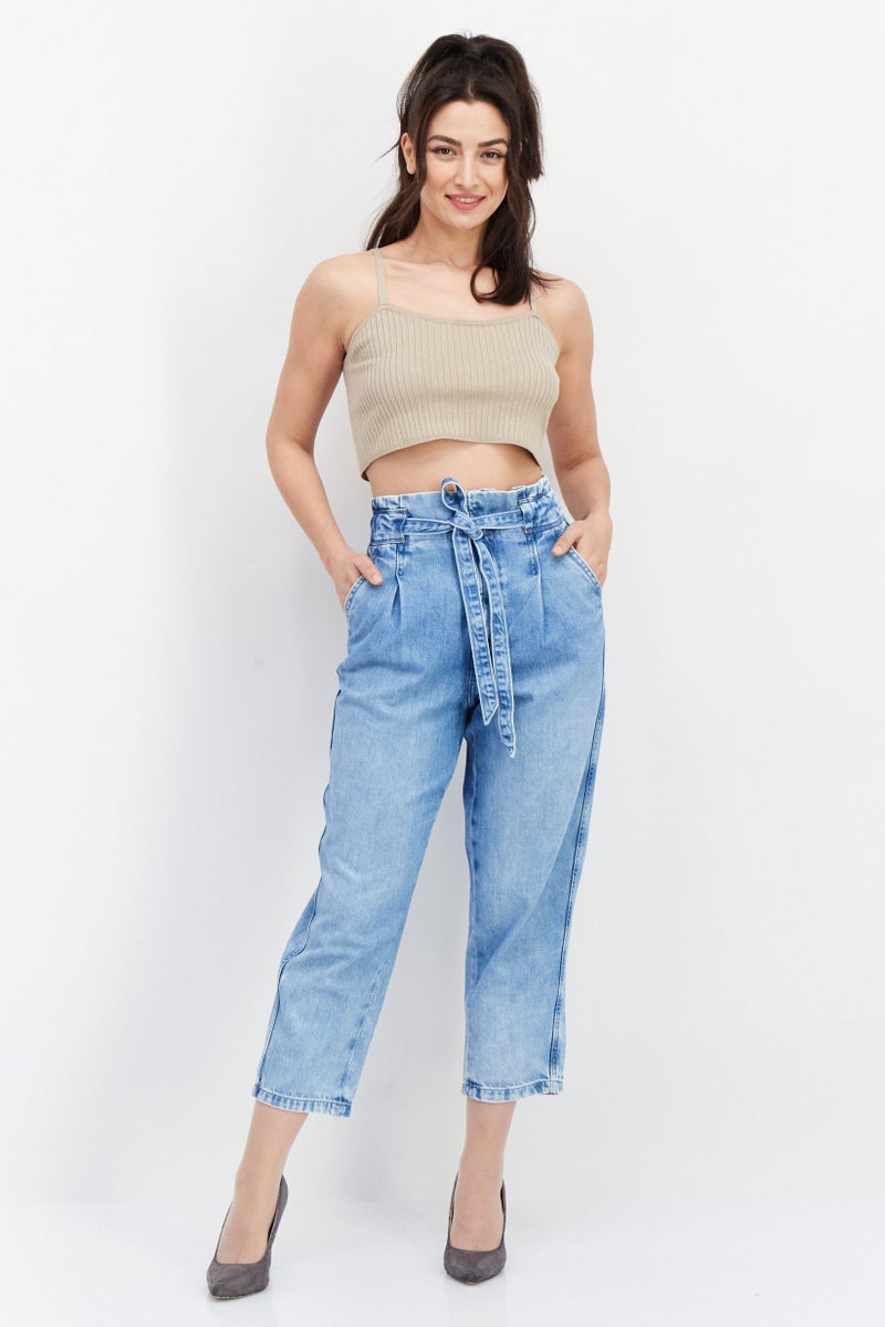 Pepe Jeans Women Regular Fit Belted Washed Denim Jeans, Blue - Image 2