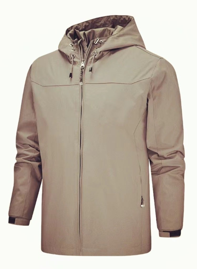 إسكدنيا Men's Solid Color Hooded Zippered Slim Fit Outdoor Jacket Long Sleeve Casual Coat Khaki 