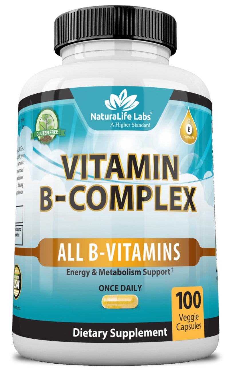NaturaLife Labs Vitamin B Complex with Vitamin C and Folic Acid B12 B1 B2 B3 Vitamin B5 Pantothenic Acid B6 B7 B9 Nervous System Support 100 Veggie Capsules