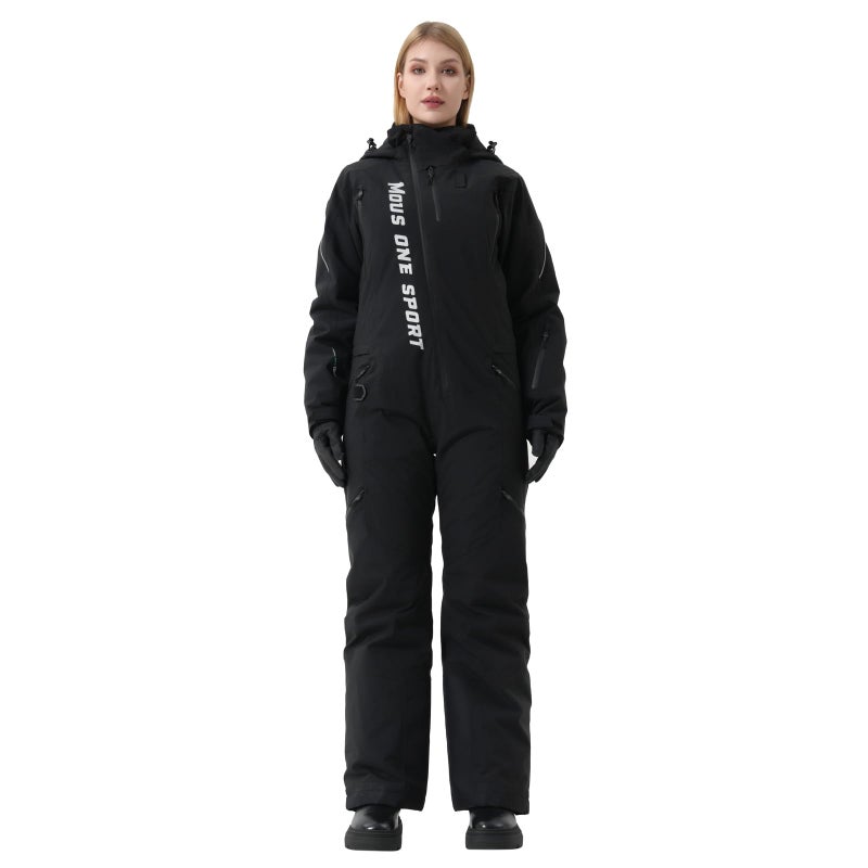 MOUS ONE Women One Pieces Ski Suits Waterproof Warm Insulated Ski Jumpsuit Removable Hood Snowsuit for Snow Sport(Black 1, Medium) - Image 1