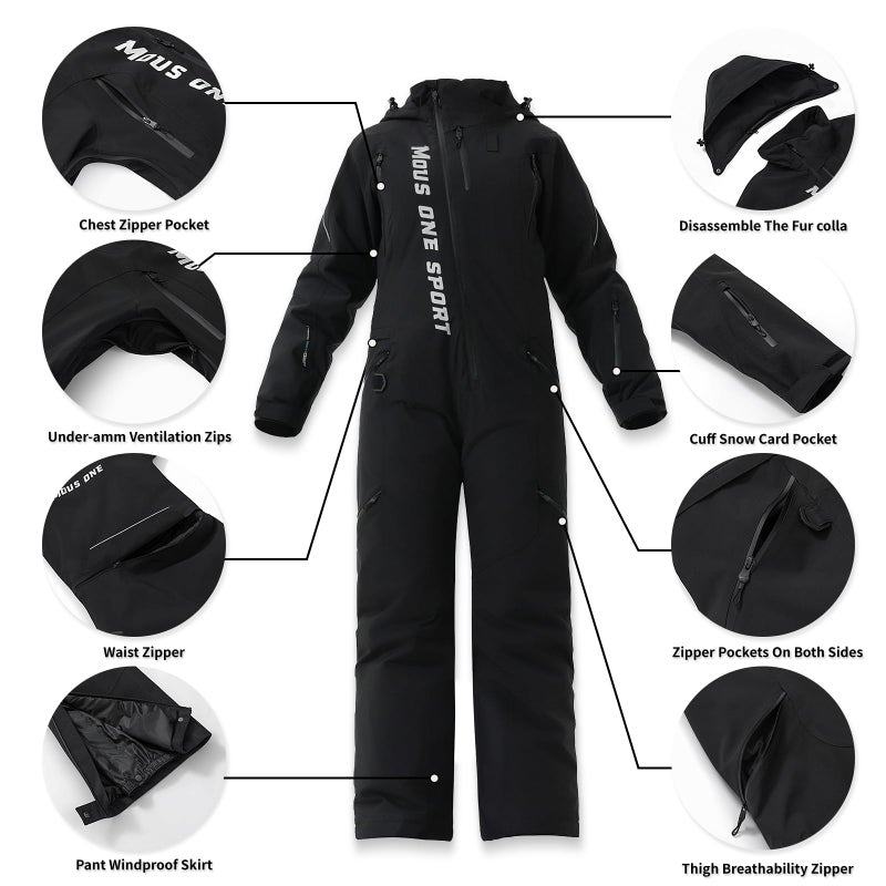 MOUS ONE Women One Pieces Ski Suits Waterproof Warm Insulated Ski Jumpsuit Removable Hood Snowsuit for Snow Sport(Black 1, Medium) - Image 5