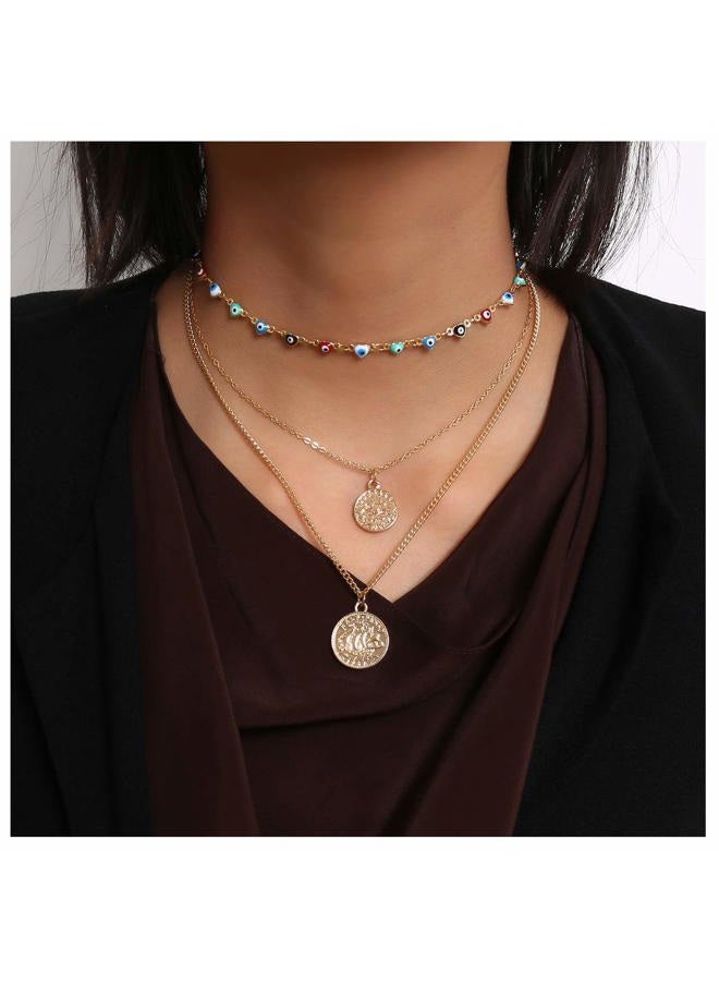 Kercisbeauty Evil Eyes Necklace Gold Coin Necklace for Women Ladies Girls Layered Necklace for Party Boho Jewelry - Image 1