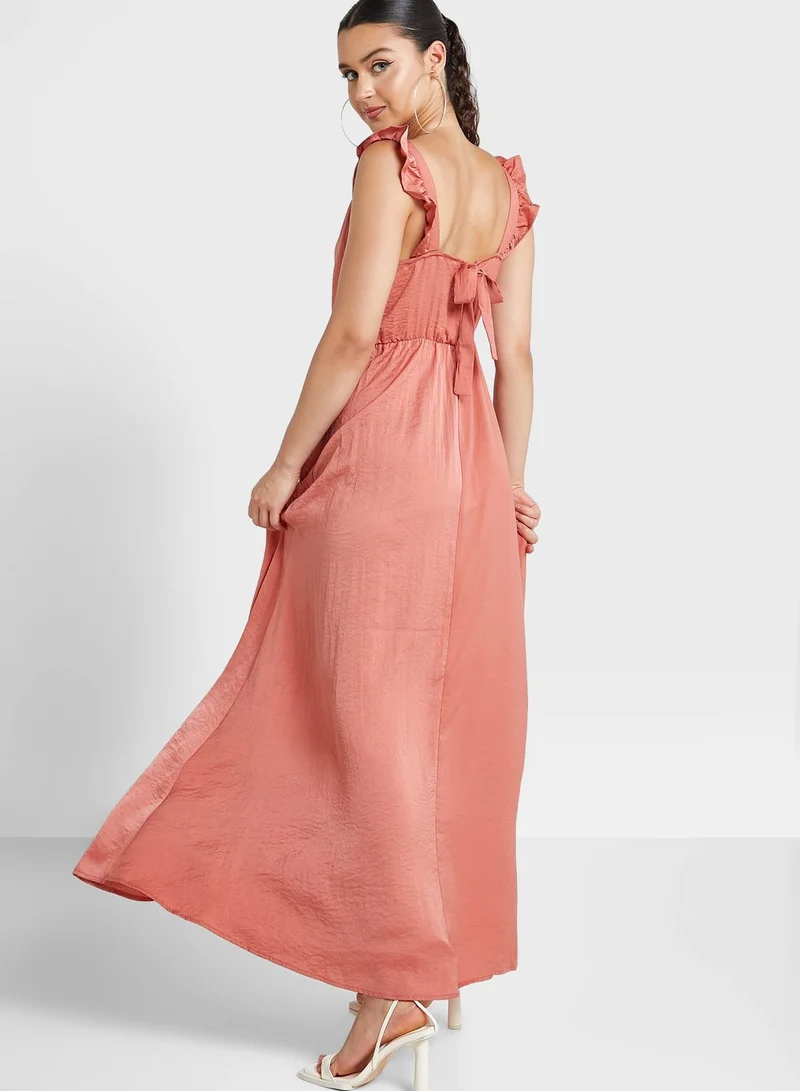 ONLY Plunge Neck Ruffle Detail Dress