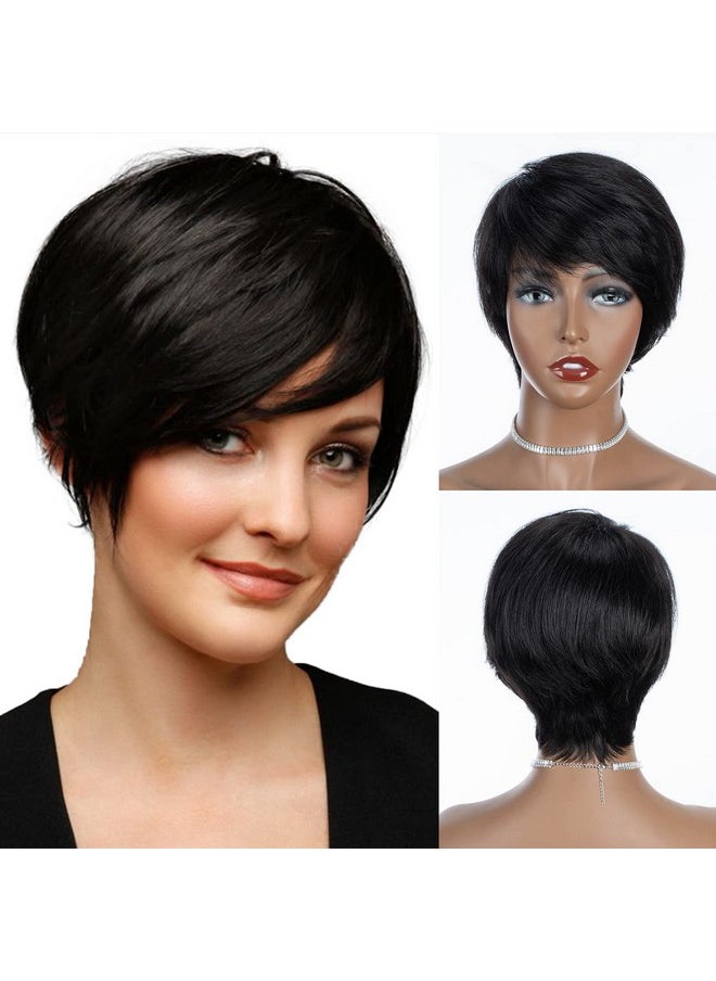 QUEEN VIRGIN REMY Ueen Virgin Remy Pixie Cut Wig Human Hair Wigs With Bangs Short Wigs For Black Women Human Hair Different Style Pixie Wig For Daily Wear Natural Black Color  - Image 1