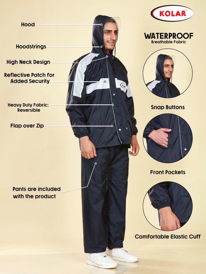 KOLAR Polyester Reversible Waterproof Standard Length Rain Coat Crafted With Durable Material Men's Hooded Rain Suit With Hood, Navy Blue - 3Xl - Image 2