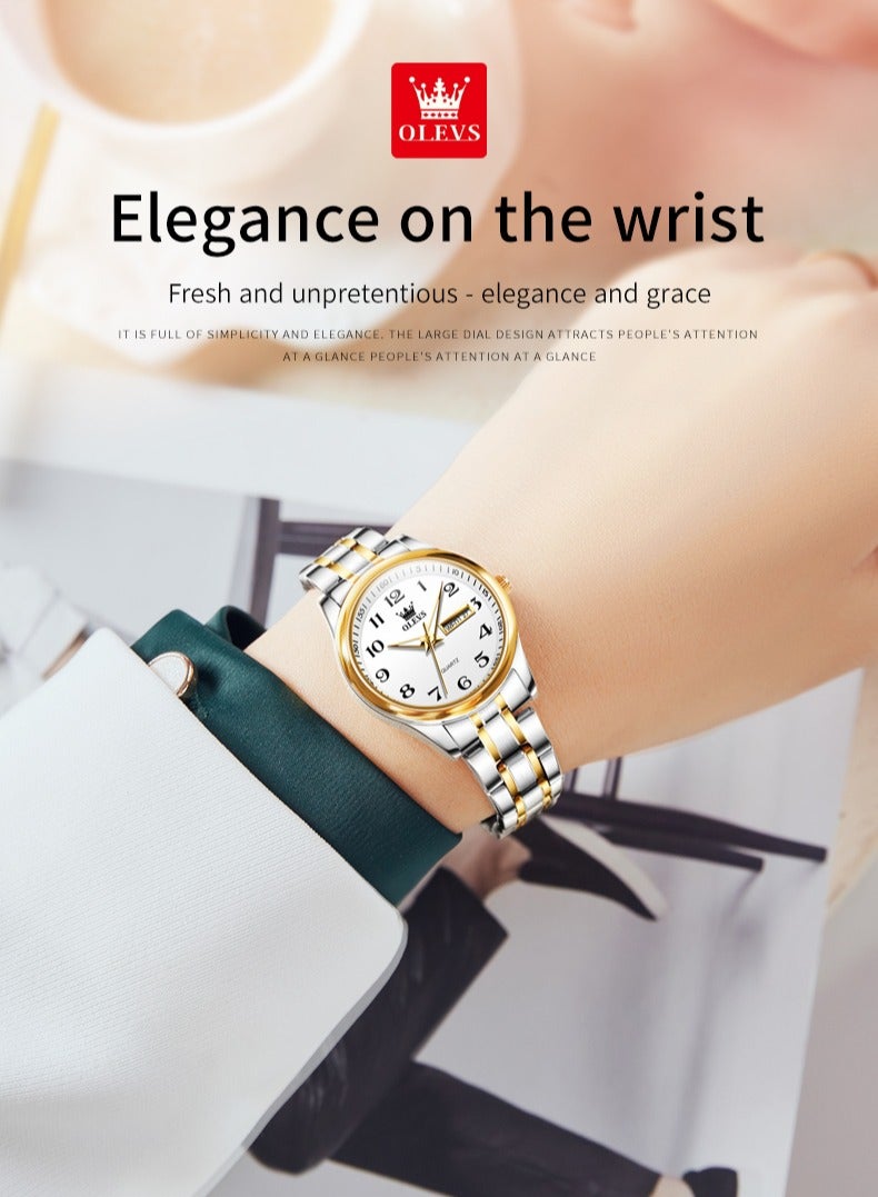 OLEVS Fashion Women's Quartz Watch Stainless Steel Water Resistant Analog Large Easy-to-Read Date Business Ladies Quartz Watch Gold White - Image 2