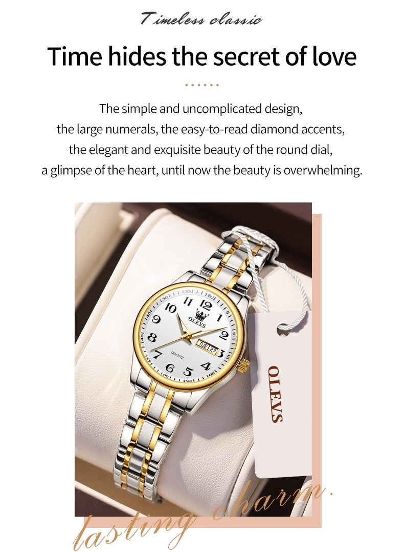 OLEVS Fashion Women's Quartz Watch Stainless Steel Water Resistant Analog Large Easy-to-Read Date Business Ladies Quartz Watch Gold White - Image 3