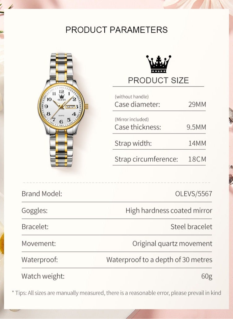 OLEVS Fashion Women's Quartz Watch Stainless Steel Water Resistant Analog Large Easy-to-Read Date Business Ladies Quartz Watch Gold White - Image 5