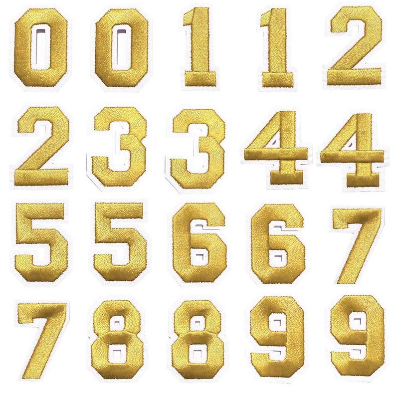 Juland 2 Sets of Numbers Embroidered Patches Iron On Embroidered Custom Backpack Patches Sew On Applications for Men Women Boys Girls Kids  Gold