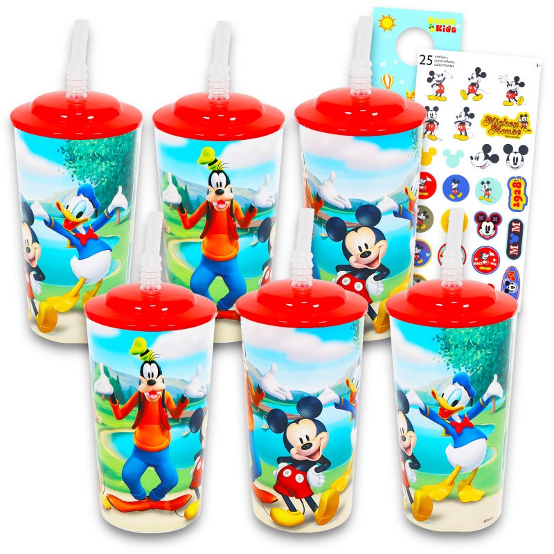 Disney Mickey Mouse Sippy Cup Set - 6 Pack of Tumblers with Straws Bundle, Disney Stickers and More | Mickey Cup Party Supplies | Styles May Vary - Image 2