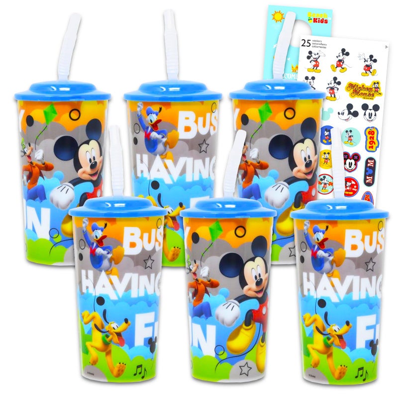 Disney Mickey Mouse Sippy Cup Set - 6 Pack of Tumblers with Straws Bundle, Disney Stickers and More | Mickey Cup Party Supplies | Styles May Vary - Image 1