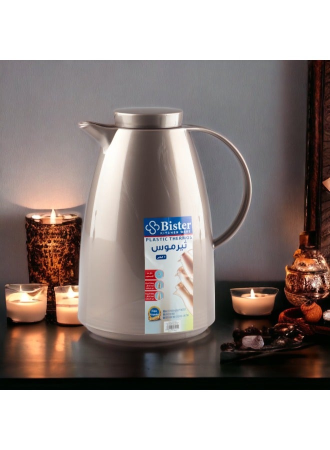 Bister Vacuum Flask 1.0 Liter Plastic Body with White Glass Refil without ASBESTOS l Brown Color - Image 1