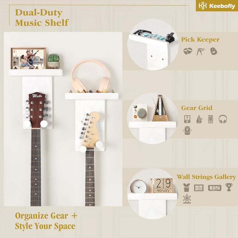 Keebofly Guitar Wall Mount Hangers with Rustic Wood Shelf - 2 Pack, Wall Stand Holder Hook Rack for Acoustic or Electric Guitar,Ukulele,Bass,White,[Patented] - Image 3