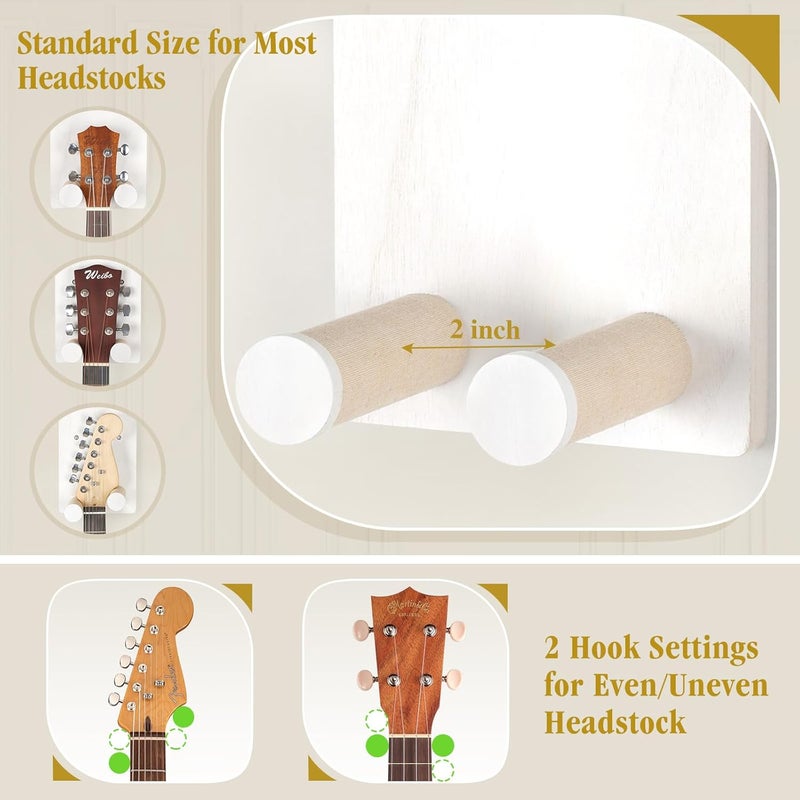 Keebofly Guitar Wall Mount Hangers with Rustic Wood Shelf - 2 Pack, Wall Stand Holder Hook Rack for Acoustic or Electric Guitar,Ukulele,Bass,White,[Patented] - Image 2