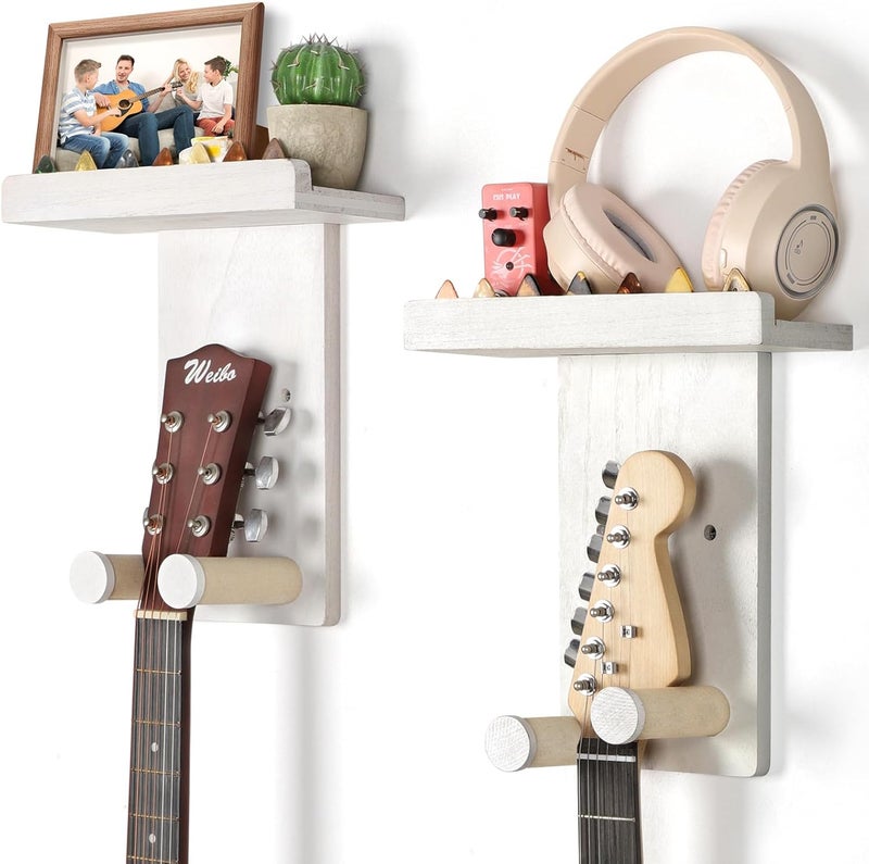 Keebofly Guitar Wall Mount Hangers with Rustic Wood Shelf - 2 Pack, Wall Stand Holder Hook Rack for Acoustic or Electric Guitar,Ukulele,Bass,White,[Patented] - Image 1