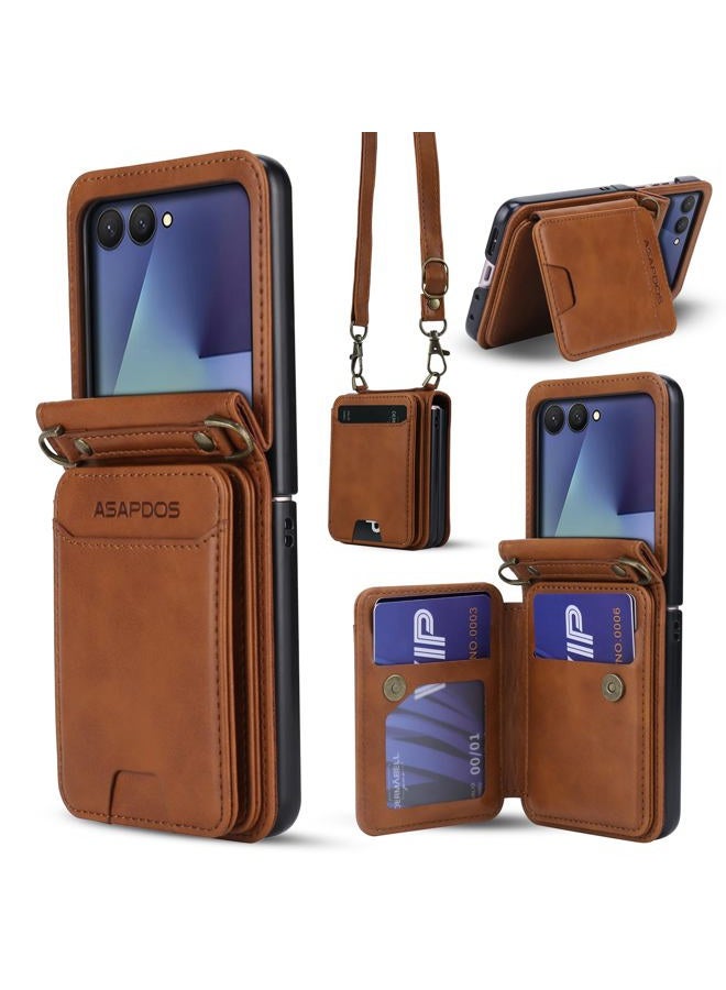 ASAPDOS for Samsung Galaxy Z Flip 7 PU Leather Wallet Phone Case with Card Slots (Holds 5 Cards), Anti-Drop Protection, Wrist & Shoulder Strap Brown - Image 1