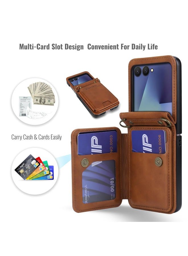 ASAPDOS for Samsung Galaxy Z Flip 7 PU Leather Wallet Phone Case with Card Slots (Holds 5 Cards), Anti-Drop Protection, Wrist & Shoulder Strap Brown - Image 2