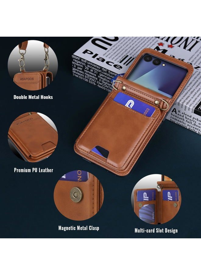 ASAPDOS for Samsung Galaxy Z Flip 7 PU Leather Wallet Phone Case with Card Slots (Holds 5 Cards), Anti-Drop Protection, Wrist & Shoulder Strap Brown - Image 3