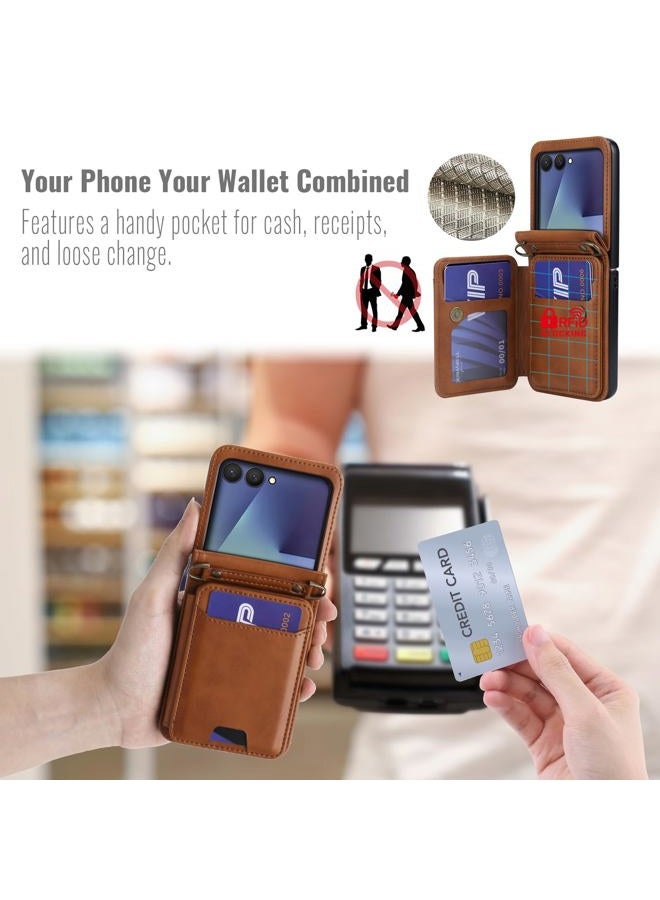 ASAPDOS for Samsung Galaxy Z Flip 7 PU Leather Wallet Phone Case with Card Slots (Holds 5 Cards), Anti-Drop Protection, Wrist & Shoulder Strap Brown - Image 5