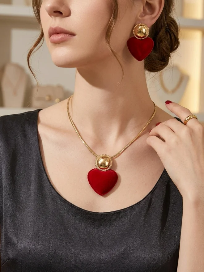 Take Two  Red Heart Pendant Necklace with Earrings Set for Women | Best Price UAE