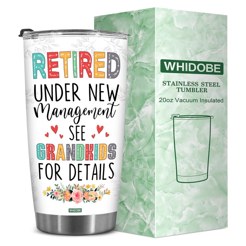 WHIDOBE Retired Tumbler Retired Under New Management See Grandkids For Details Tumbler Funny Happy Retirement Gift For Grandma Women From Grandkids On Mothers Day Birthday Anniversary Christmas