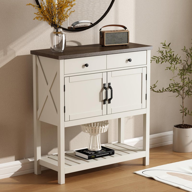 ChooChoo Farmhouse Console Table Entryway Table with Storage Shelf Coffee Bar Cabinet Narrow Buffet Sideboard for Kitchen Hallway Living Room White