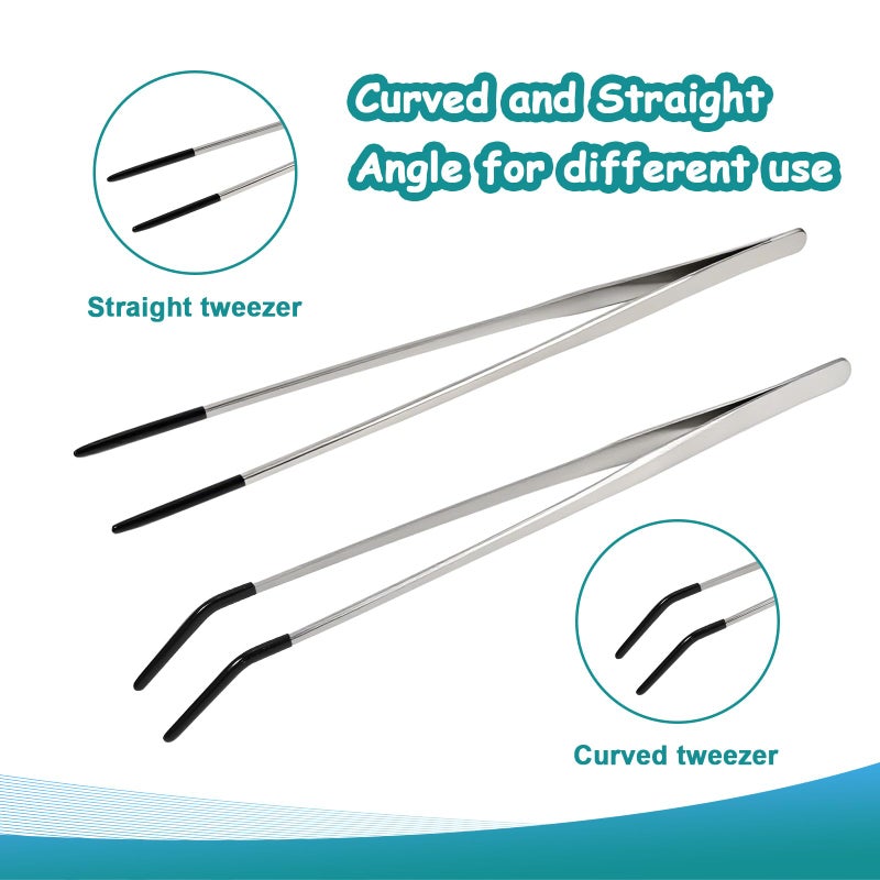 aesxniy 2 Pack Extra Long Stainless Steel Reptile Feeding Tongs with Rubber Tip - 10.6" Straight And Curved Long Tweezers for Aquariums, Feeder for Beard Dragons, Lizard and Snakes (Silver) - Image 2