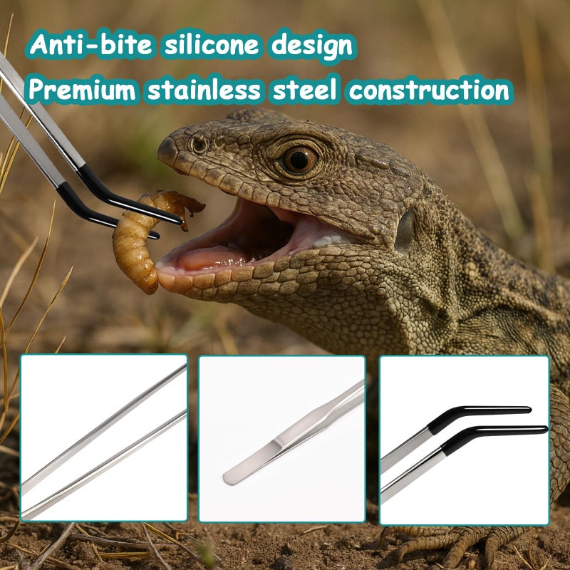 aesxniy 2 Pack Extra Long Stainless Steel Reptile Feeding Tongs with Rubber Tip - 10.6" Straight And Curved Long Tweezers for Aquariums, Feeder for Beard Dragons, Lizard and Snakes (Silver) - Image 4