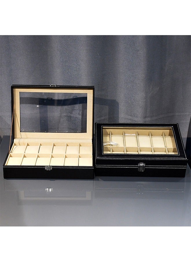 12 Slots Watch Box Watch Display Box Glass Lid Black Coating Leather Watch Display Case Metal Lock Jewelry Storage Box  - Image 2