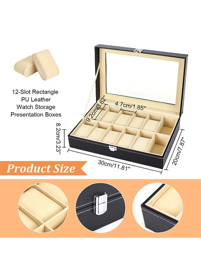 12 Slots Watch Box Watch Display Box Glass Lid Black Coating Leather Watch Display Case Metal Lock Jewelry Storage Box  - Image 3