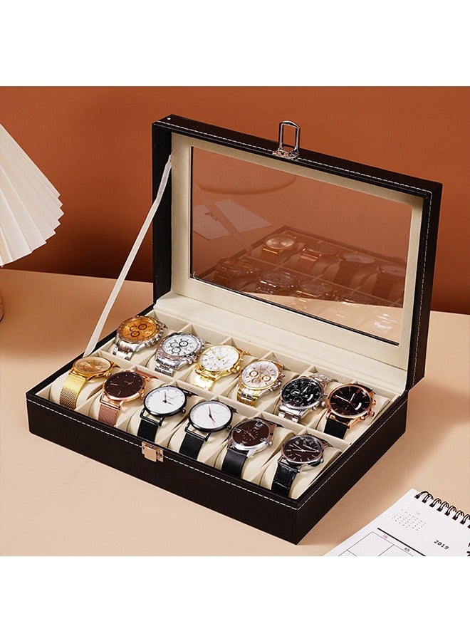 12 Slots Watch Box Watch Display Box Glass Lid Black Coating Leather Watch Display Case Metal Lock Jewelry Storage Box  - Image 5