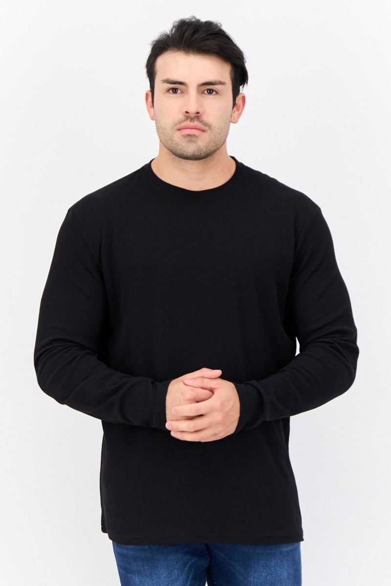 C81 Men 2 Pieces Crew Neck Long Sleeves Textured T-Shirt, Black - Image 1