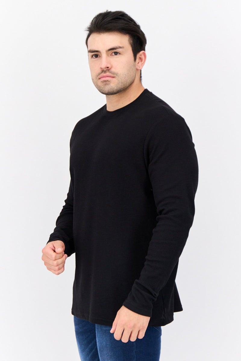 C81 Men 2 Pieces Crew Neck Long Sleeves Textured T-Shirt, Black - Image 2
