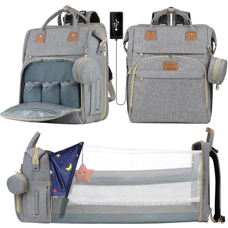 ZRSUN Diaper Bag Backpack for Mom and Dad, Large Capacity Baby Travel Bag with USB Charging Port, Waterproof Foldable Baby Bag for Boys and Girls, Stylish Maternity Backpack for Travel & Hospitalï¼ŒGrey - Image 1