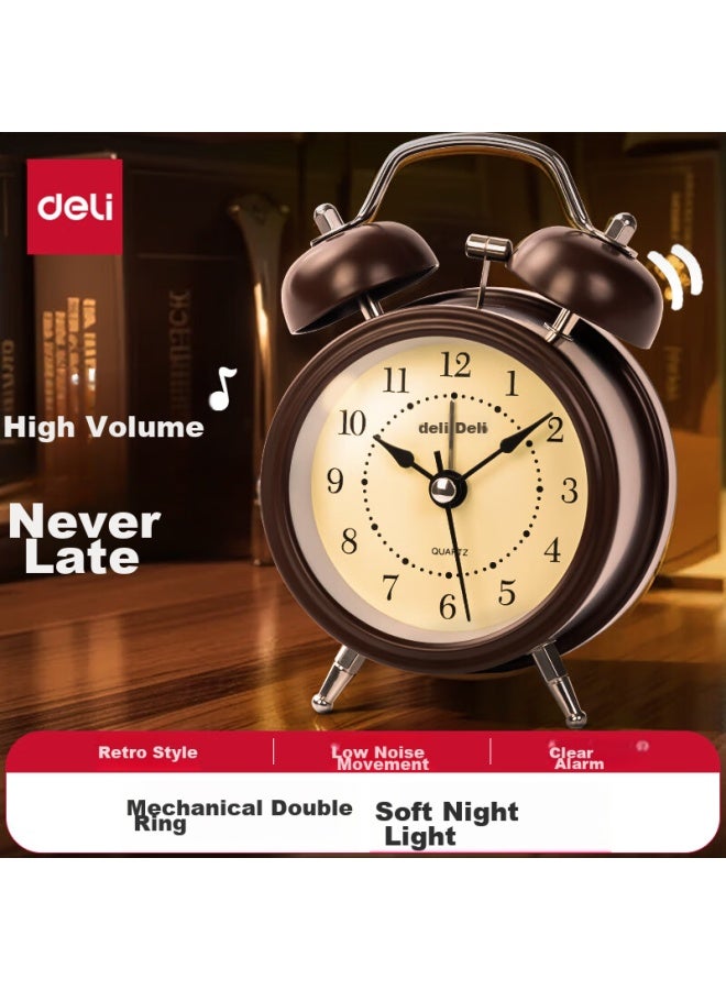 Deli Mini Retro Mechanical Alarm Clock With Night Light, Bedside Alarm For Children And Students, Essential For Back-to And Advancement, Brown 9024 - Image 1