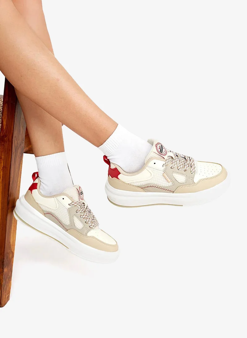CAMPUS Off.Wht/Camel Women’s Cute Low Top Sneakers – Stylish Color-Block Design Shoes with Patterned Lace Detailing for Women | Best Price UAE