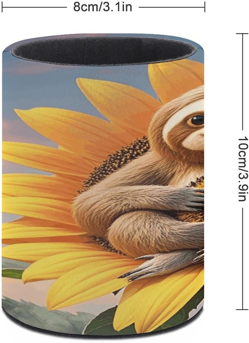 Pen Holder Sloth Sitting on Sunflower Round Pencil Case Pen Holder for Desk PU Leather Desk Accessories Makeup Brush Organizer for Home Office Decor Teacher Supplies - Image 2