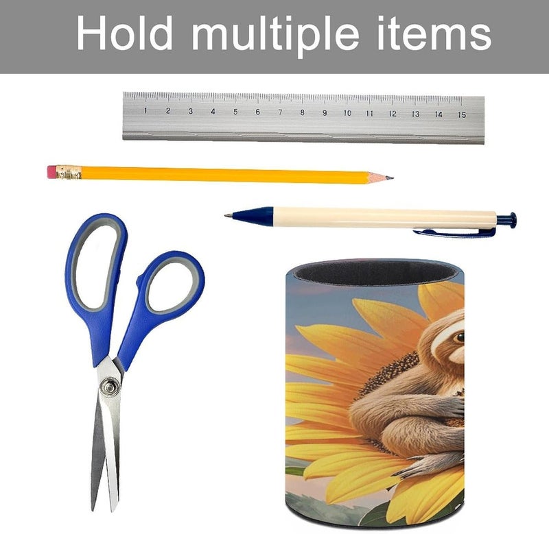 Pen Holder Sloth Sitting on Sunflower Round Pencil Case Pen Holder for Desk PU Leather Desk Accessories Makeup Brush Organizer for Home Office Decor Teacher Supplies - Image 5