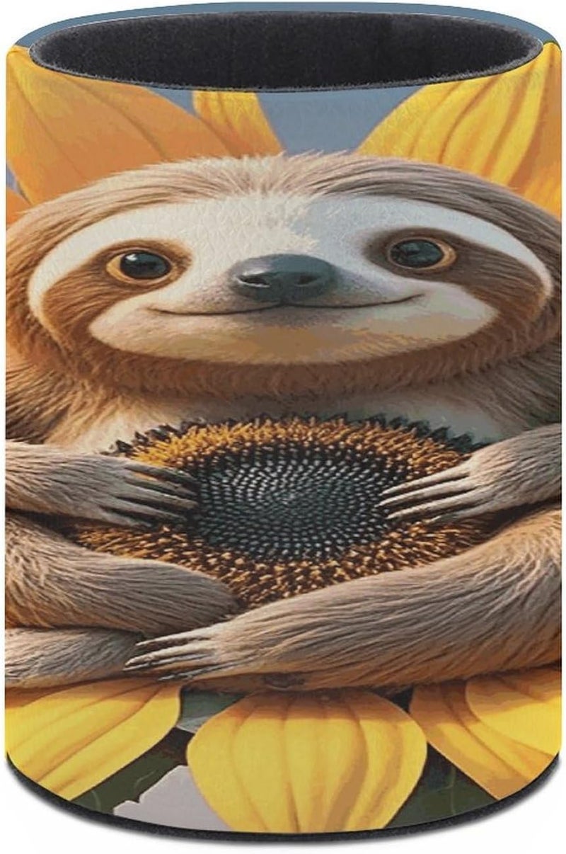 Pen Holder Sloth Sitting on Sunflower Round Pencil Case Pen Holder for Desk PU Leather Desk Accessories Makeup Brush Organizer for Home Office Decor Teacher Supplies - Image 3