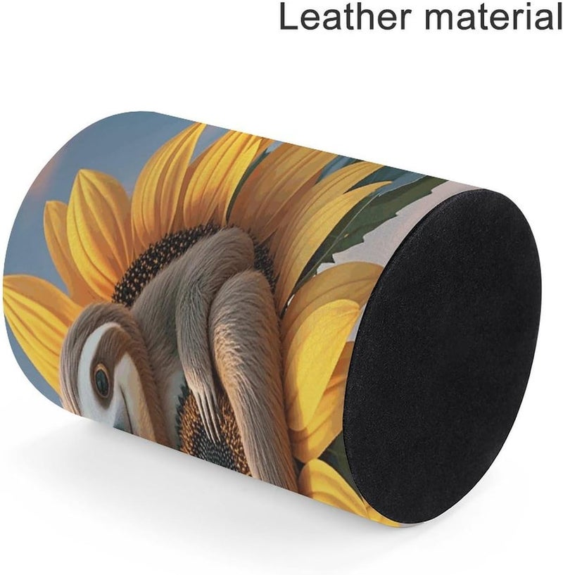 Pen Holder Sloth Sitting on Sunflower Round Pencil Case Pen Holder for Desk PU Leather Desk Accessories Makeup Brush Organizer for Home Office Decor Teacher Supplies - Image 4