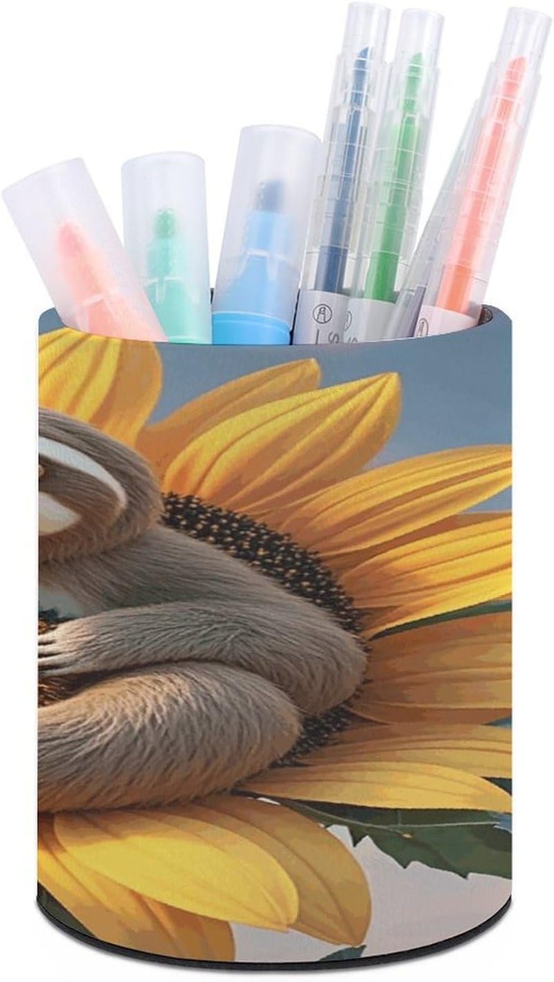 Pen Holder Sloth Sitting on Sunflower Round Pencil Case Pen Holder for Desk PU Leather Desk Accessories Makeup Brush Organizer for Home Office Decor Teacher Supplies - Image 1