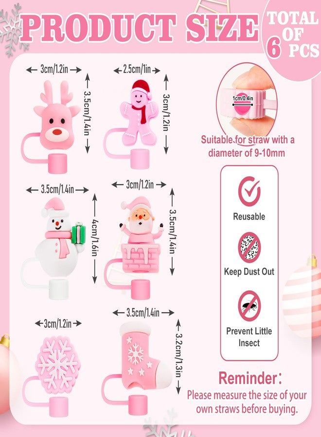 Whaline 6Pcs Pink Christmas Straw Covers Caps Cute Xmas Pattern Silicone Reusable Straw Topper Protector Lid for 0.4 Inch 10mm Straws, Compatible With 30&40 Oz Tumbler, Winter Cup Accessories - Image 2