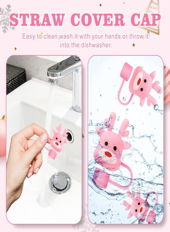 Whaline 6Pcs Pink Christmas Straw Covers Caps Cute Xmas Pattern Silicone Reusable Straw Topper Protector Lid for 0.4 Inch 10mm Straws, Compatible With 30&40 Oz Tumbler, Winter Cup Accessories - Image 4