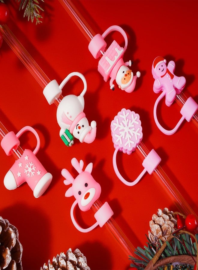 Whaline 6Pcs Pink Christmas Straw Covers Caps Cute Xmas Pattern Silicone Reusable Straw Topper Protector Lid for 0.4 Inch 10mm Straws, Compatible With 30&40 Oz Tumbler, Winter Cup Accessories - Image 5
