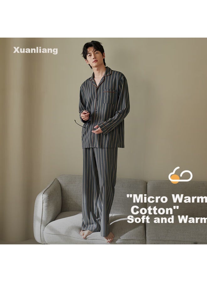 Xulen Men's Pajamas Spring And Autumn Pure Cotton Long-sleeve Casual Striped Cardigan Home Wear Set, 73652 Dark Gray, M - Image 1