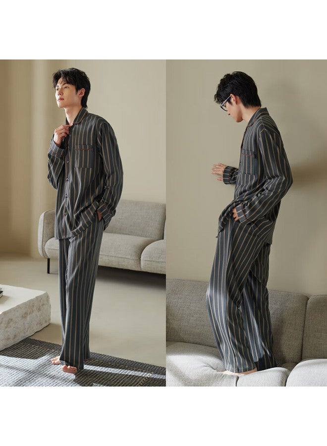 Xulen Men's Pajamas Spring And Autumn Pure Cotton Long-sleeve Casual Striped Cardigan Home Wear Set, 73652 Dark Gray, M - Image 2