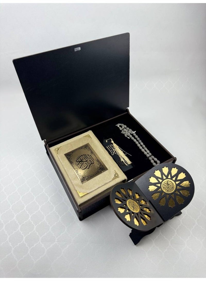 Samrix Quran Box  A luxurious box containing a Quran, bookmark, reading stand, and prayer beads.  ✔ Luxurious Quran box with an elegant wooden design ✔ Includes a high-quality gift Quran ✔ Includes a bookmark for easy reading ✔ Equipped with a reading stand ✔ Includes a distinctive prayer beads ✔ Suitable for elegant gifts and giveaways ✔ Practical yet elegant design ✔ A special gift for friends and family ✔ Ideal for formal and religious occasions ✔ Luxurious packaging, ready for presentation ✔ Suitable for the office or living room ✔ Can be customized upon request ✔ High-quality materials for durability ✔ A design that combines luxury and spirituality ✔ Adds a practical and artistic touch to any space ✔ Ideal as an elegant giveaway for events ✔ Reflects attention to detail and quality ✔ A practical, luxurious, and spiritually meaningful gift - Image 2