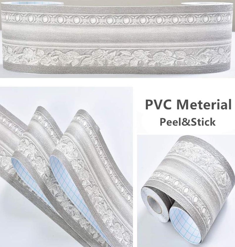 REDODECO 3D Grey Floral Pattern Molding Peel Stick Wall Border for Home Decor Bathroom Kitchen,4 inch by16.4 feet (Silver) - Image 3