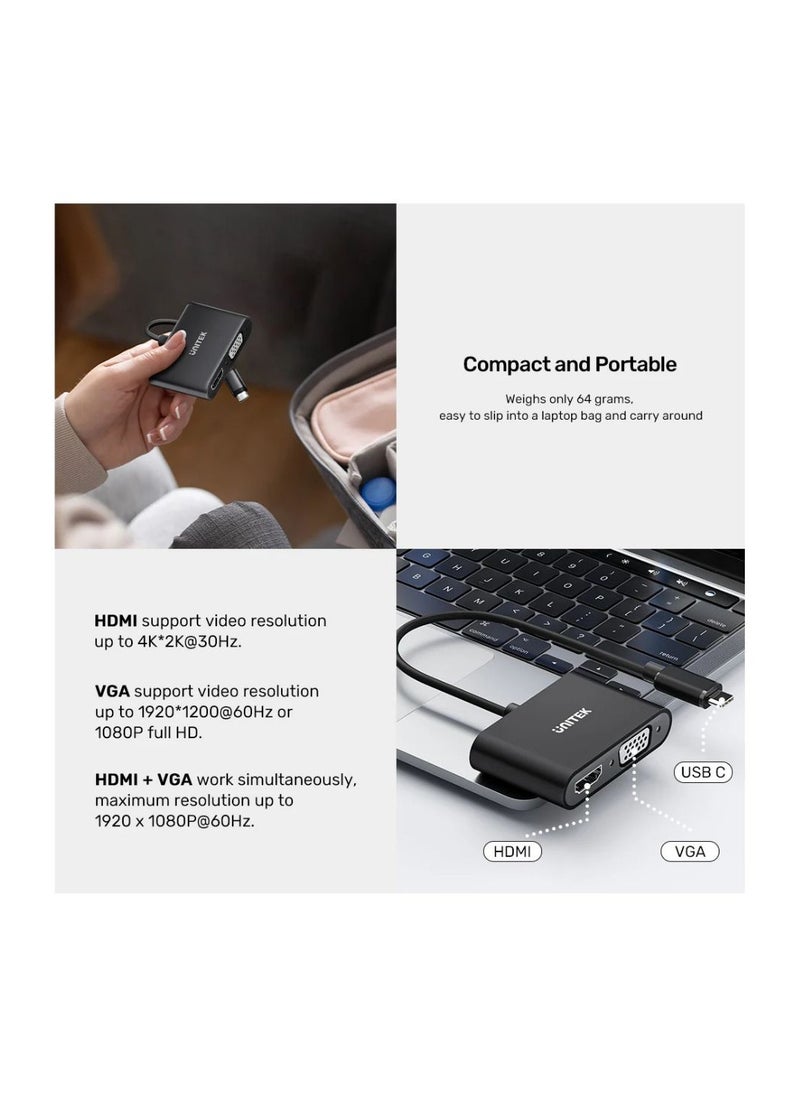 UNITEK - UNITEK USB-C to HDMI and VGA Adapter – 4K UHD HDMI Output and 1080P VGA, Compatible with MacBook, Chromebook, Dell, and More - Image 1